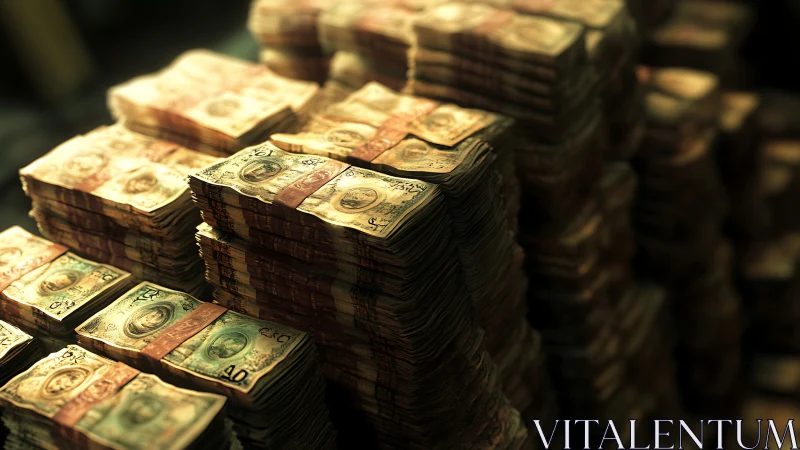 Towering stacks of worn banknotes suggest hidden fortunes