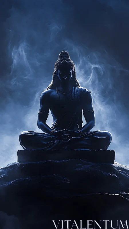 Seated meditative figure silhouette in blue atmospheric light.