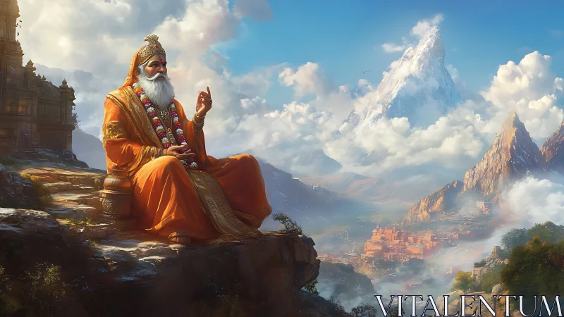 Himalayan sage in saffron robes overlooking mythic mountain valley
