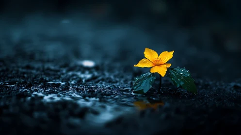 Single yellow flower in dark wet ground with raindrops.