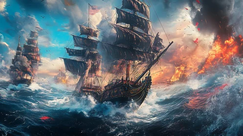 Sailing warships in stormy sea amid coastal fire and smoke.