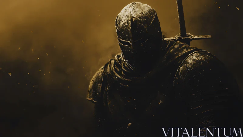 Heavily armored knight stands in low-key, backlit lighting