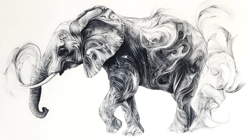 Monochrome swirling elephant silhouette merges motion and form