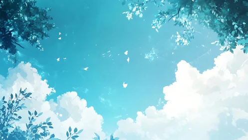 Bright summer sky framed by leaves and drifting petals.