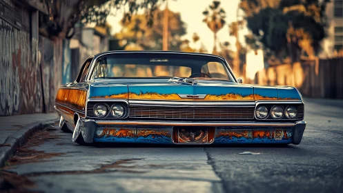 Lowrider car with custom mural paint on urban street at dusk.