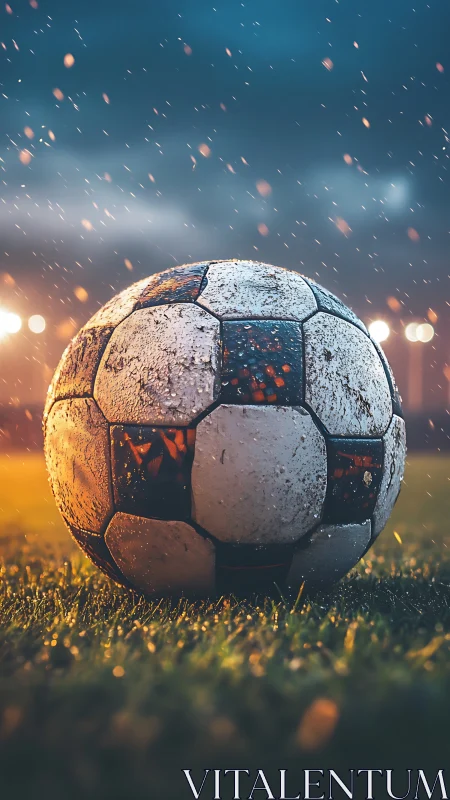 Rainlit match ball waiting on a storm-brightened pitch.