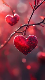 Glowing Hearts Hanging on Frosted Branches in Pink Light