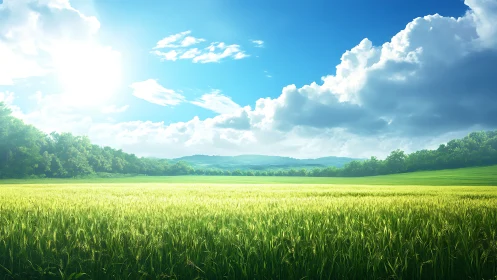 Sunlit green field extends toward distant tree line and hills