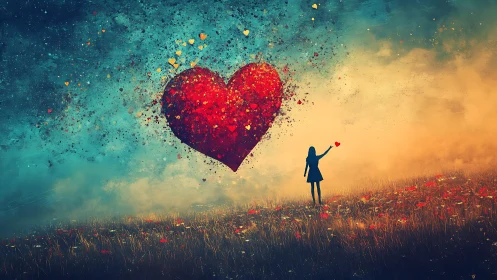 Silhouetted Figure Reaching Toward Particulate Heart Form Over Textured Landscape