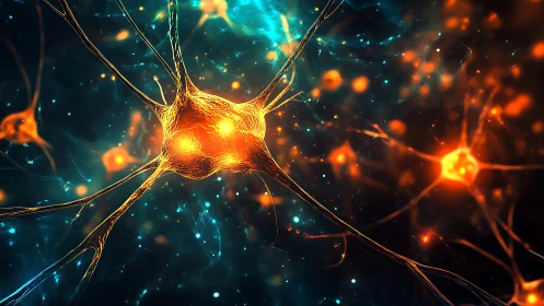 Glowing neural network synapse in luminous abstract space.