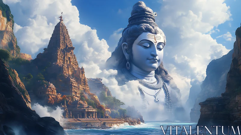 Colossal Shiva cloud apparition over coastal temple complex.
