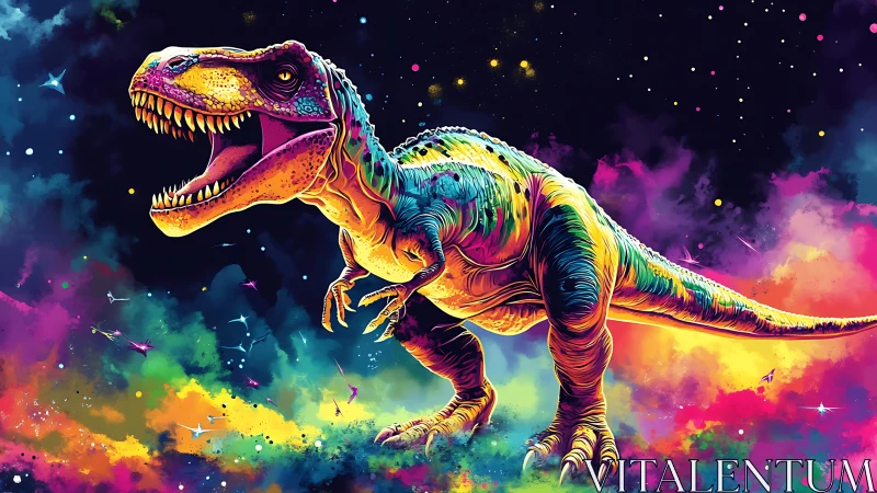 Neon galaxy T‑rex roaring through cosmic paint clouds.