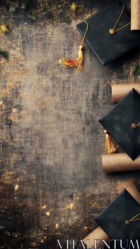 Graduation caps and scrolls on rustic textured backdrop.