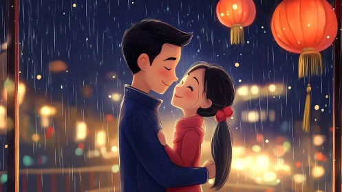 Rainy Night Romance. Couple Under Lanterns.