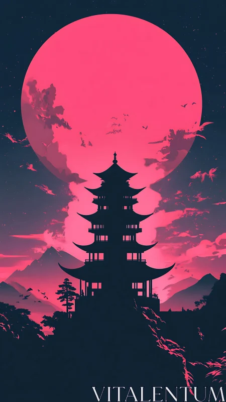 Moon-bloomed pagoda keeps watch beneath a neon horizon