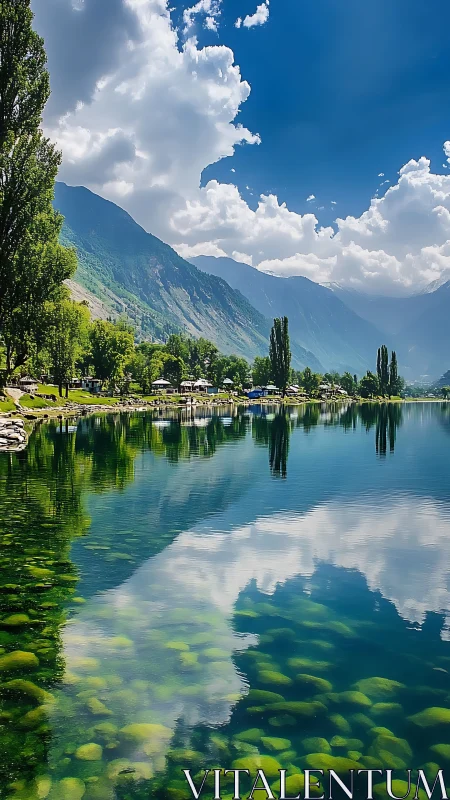 Mountain lake mirrors bright clouds in serene summer calm