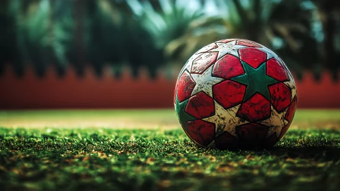 Sunlit star-patterned football waits on glowing grass field.
