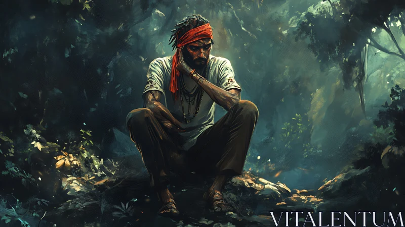 Quiet forest pause shows a thoughtful traveler resting deeply