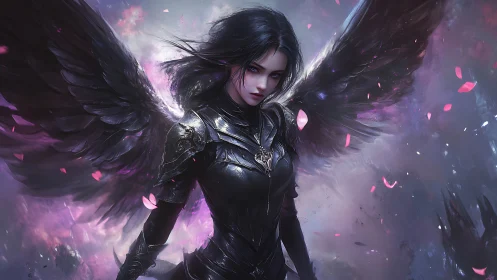 Dark-winged seraphim in iridescent armor amid arcane vortex.