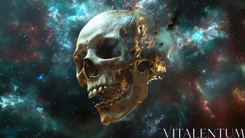 Cosmic skull construct framed in turbulent nebular field.
