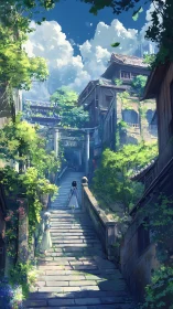 Sunlit stone stairway leads through lush hillside village