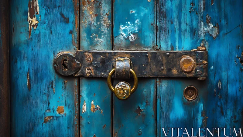 Rusty brass padlock anchors distressed blue wooden door