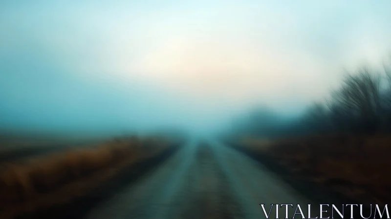 Soft-focus rural road receding into atmospheric blue fog