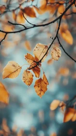 Golden autumn leaves hang sharply focused against soft teal bokeh