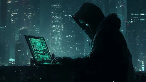 Hooded hacker at laptop in neon lit cyberpunk city
