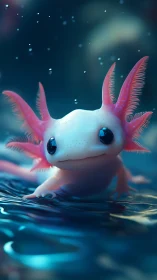 Bioluminescent axolotl close-up over rippling blue water