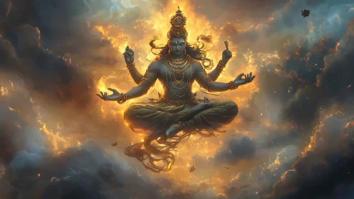 Blue-skinned four-armed deity floating in fiery clouds.