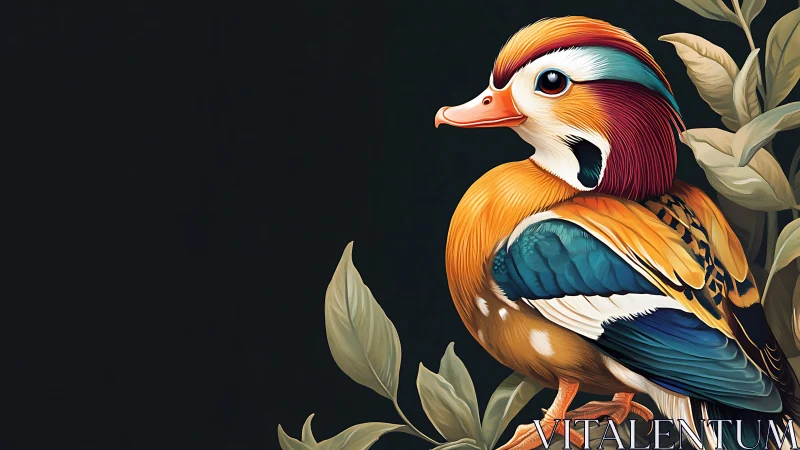 Vibrant mandarin duck digital painting with botanical accents.