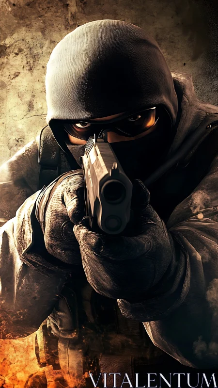 Tactical operator aiming pistol in close-quarters frontal view.