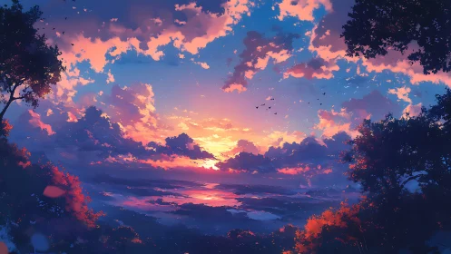 Radiant clouds frame a luminous sunset over distant sea.