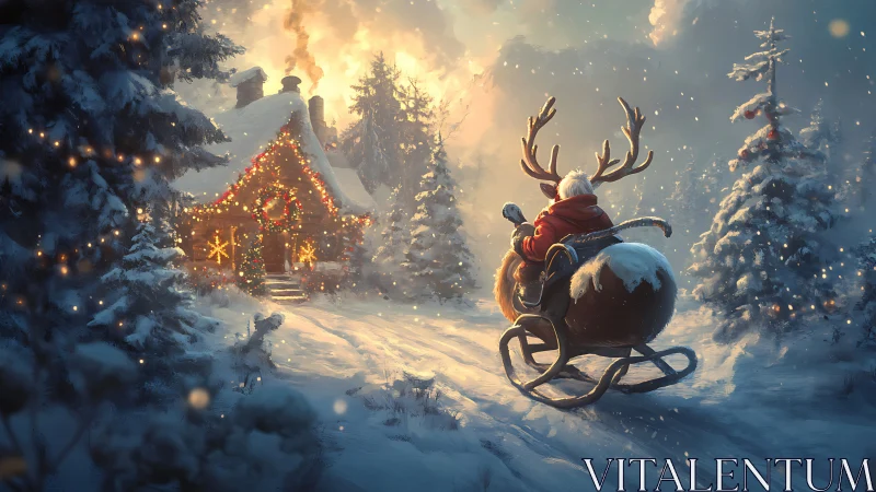 Snowy forest cabin welcomes Santa on stylized sleigh at dusk