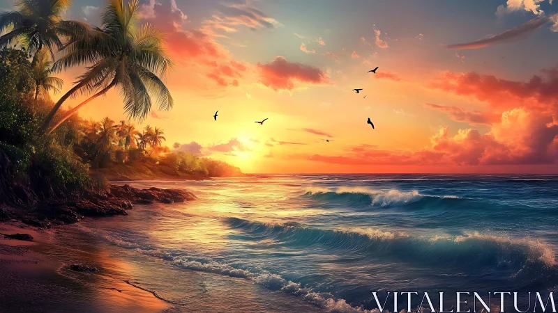 Sunset surf serenade under wandering tropical skies.