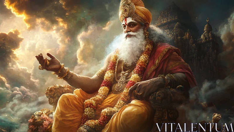 Regal bearded sage seated on ornate throne in clouds.