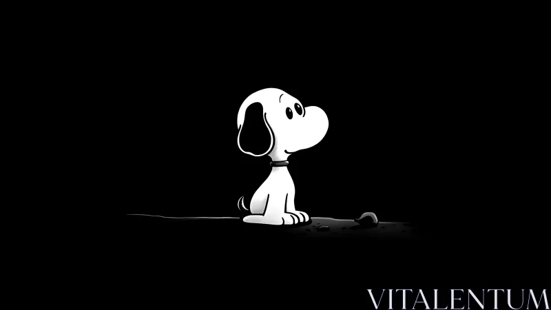 Lonely cartoon dog sits in spotlight on empty black stage.