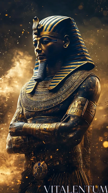 Golden pharaoh statue amid swirling embers and smoke.