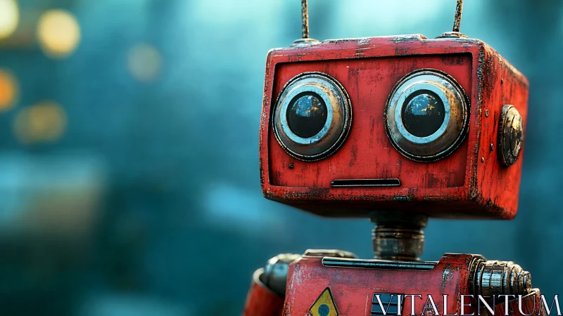 Red toy-like robot rendered in detailed 3D with bokeh backdrop