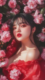 High-saturation portrait of stylized woman framed by dense pink blooms