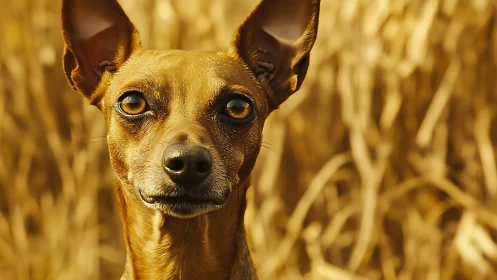 Close-up portrait of alert brown dog in golden field.