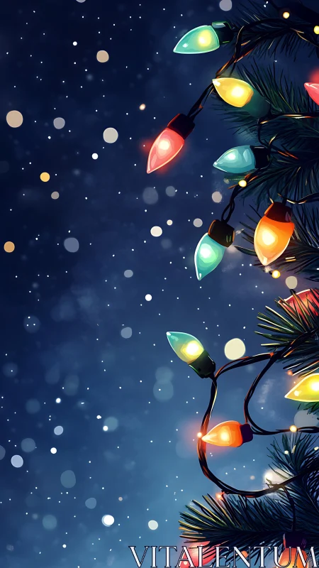 Colorful Christmas lights glow softly in a snowy night sky