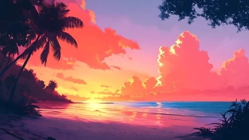 Vibrant tropical shoreline rendered in luminous sunset hues