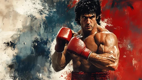 Athletic boxer in crimson gloves; expressionist style portrait composition