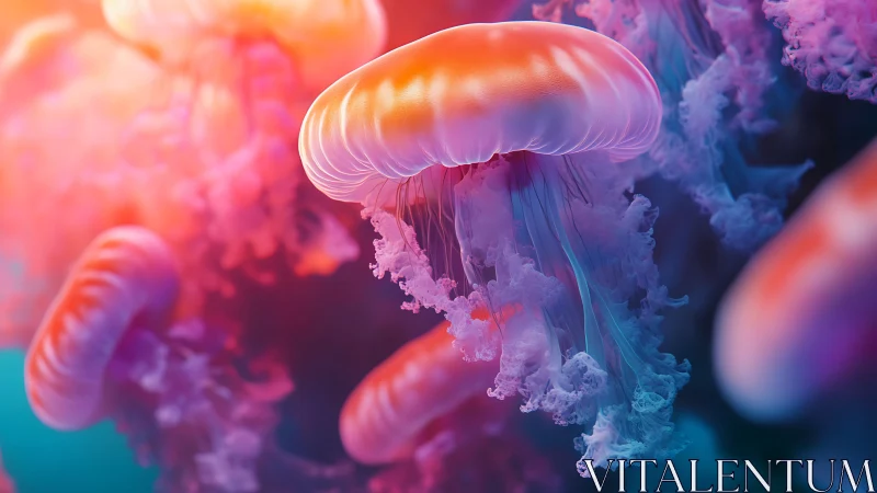 Bioluminescent jellyfish rendered in neon bokeh color field