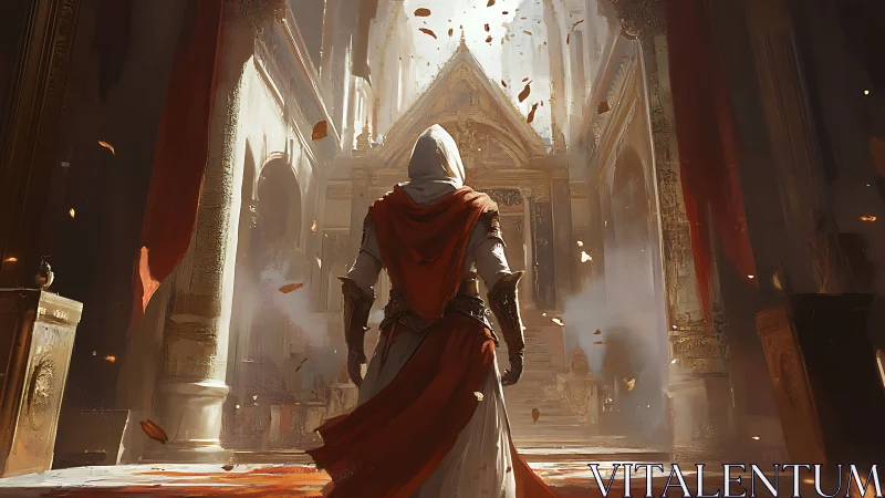 Hooded crusader entering volumetric lit cathedral nave.
