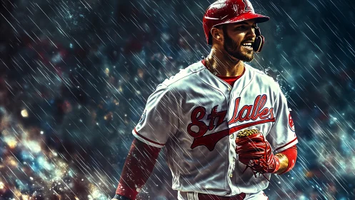 Baseball player strides through rain under dramatic stadium lights