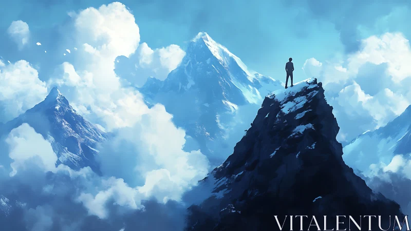 Silhouetted figure surveys snowbound peaks in atmospheric blue digital painting