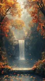 Autumn waterfall sanctuary where drifting leaves whisper quiet spells.